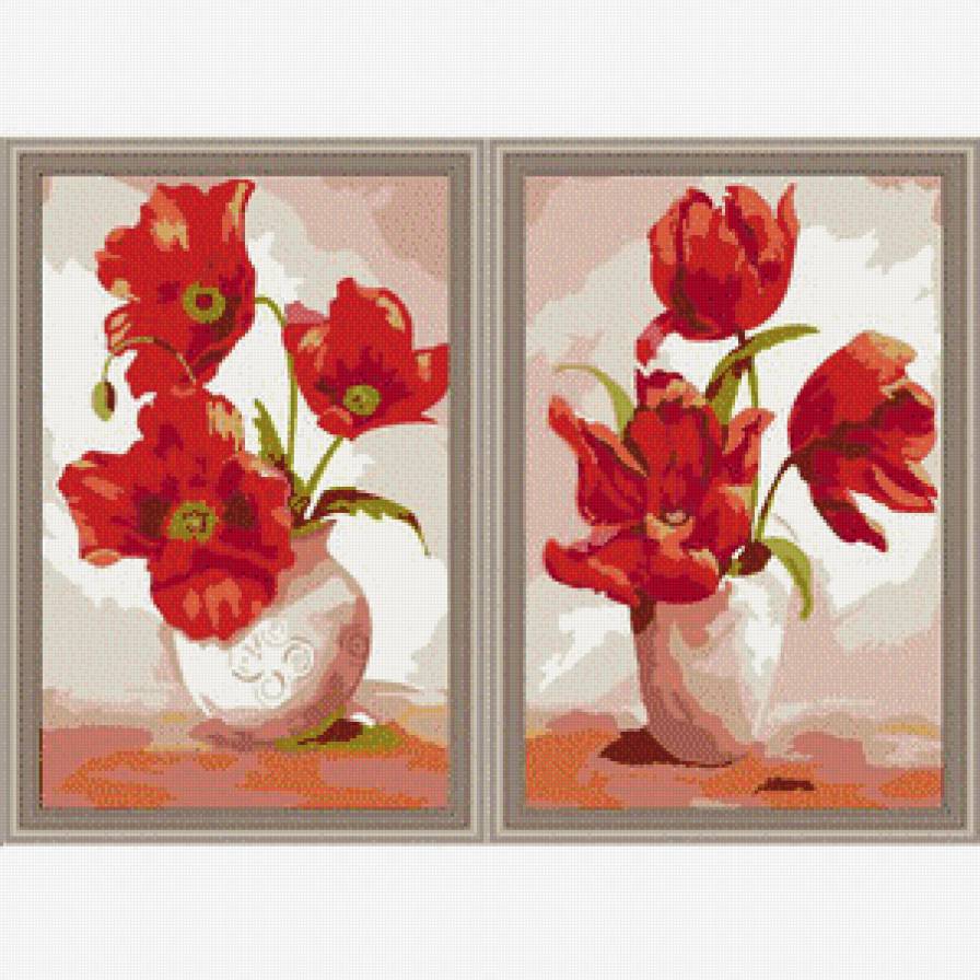 Диптих"Тюльпаны и маки" - натюрморт, диптих, цветы - предпросмотр