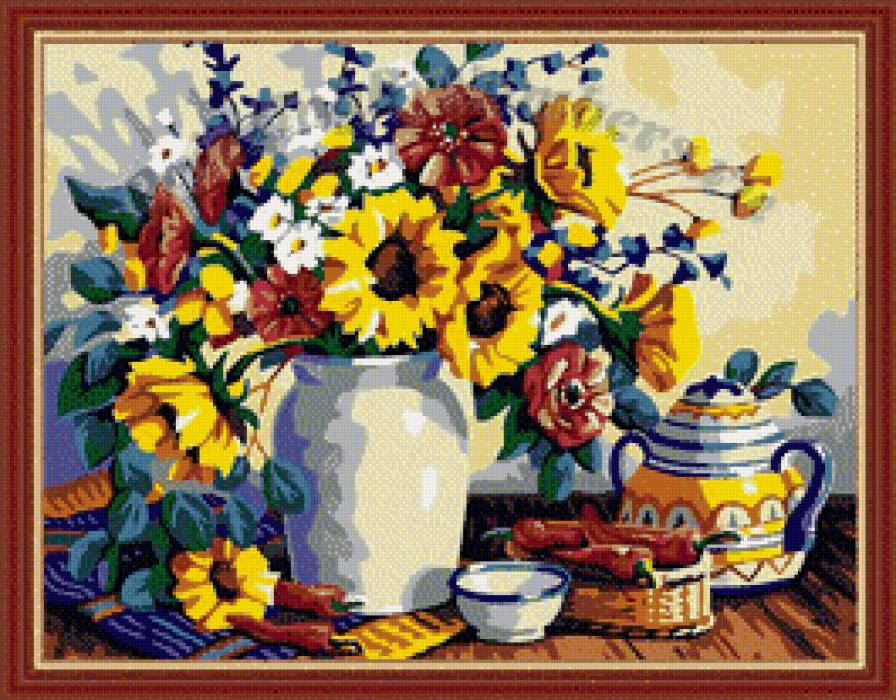 Натюрморт - цветы, натюрморт, чайник, чай - предпросмотр