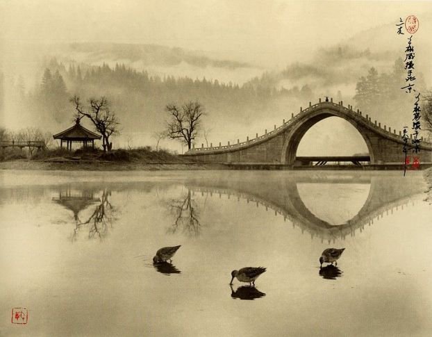 японский мост - мост, сад, монохром, пейзаж, япония - оригинал
