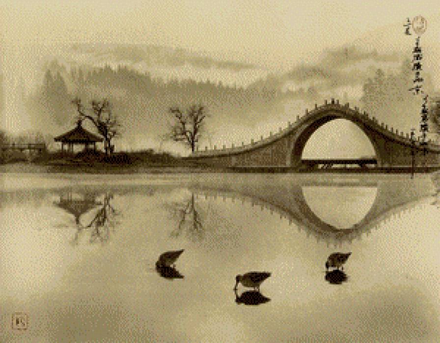 японский мост - япония, пейзаж, сад, монохром, мост - предпросмотр