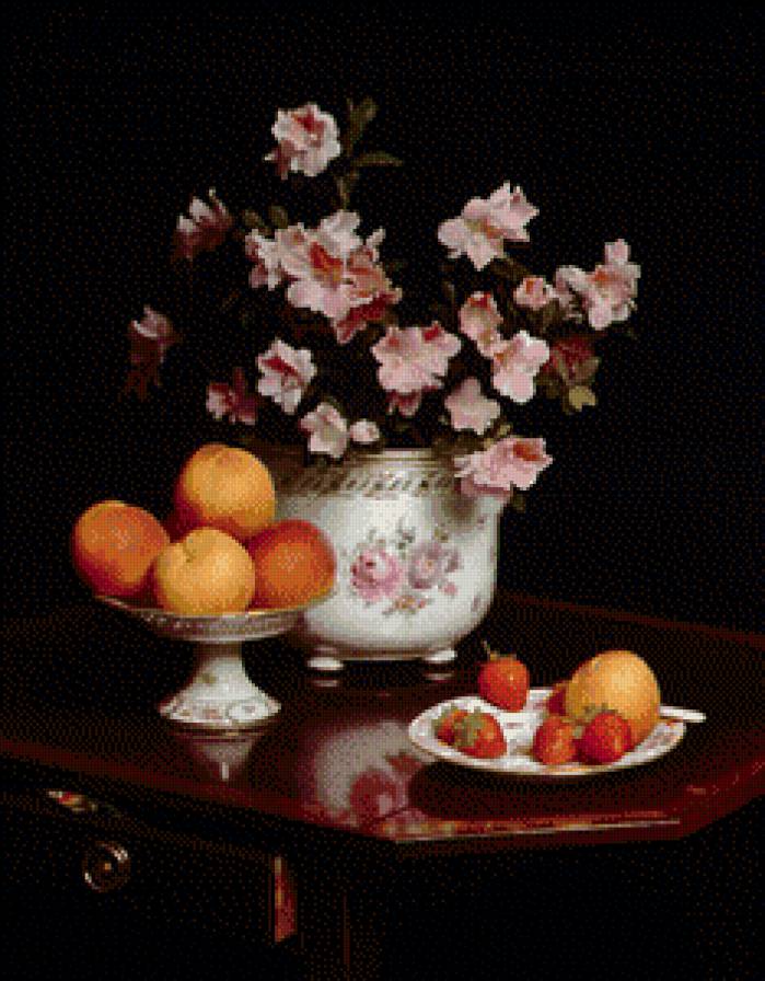 Натюрморт - натюрморт, кухня, живопись, персики, цветы - предпросмотр