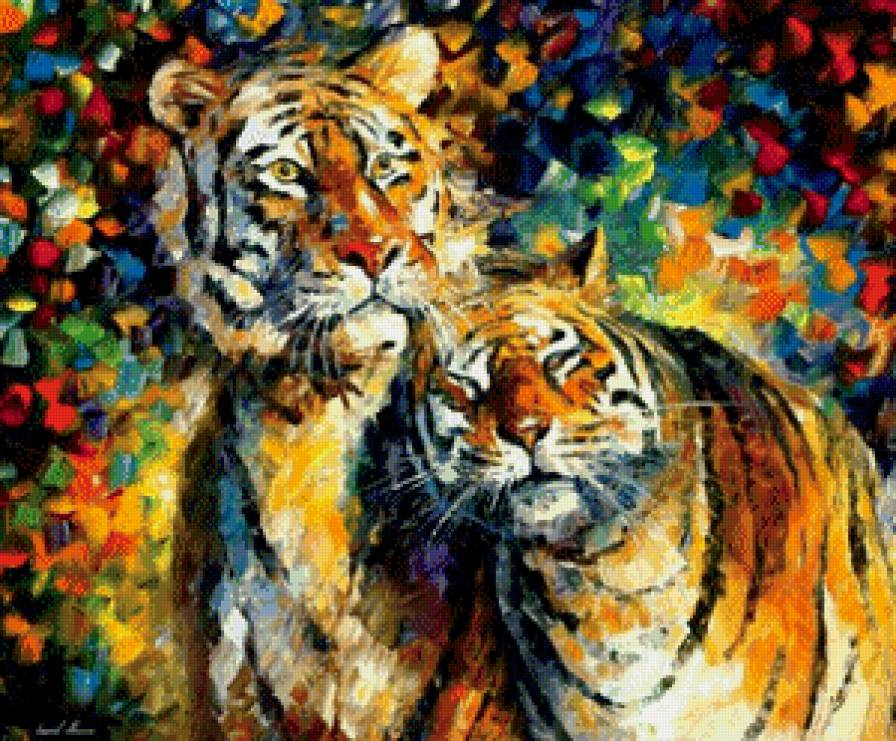 красочные тигры - природа, тигр, живопись, животные, пара - предпросмотр