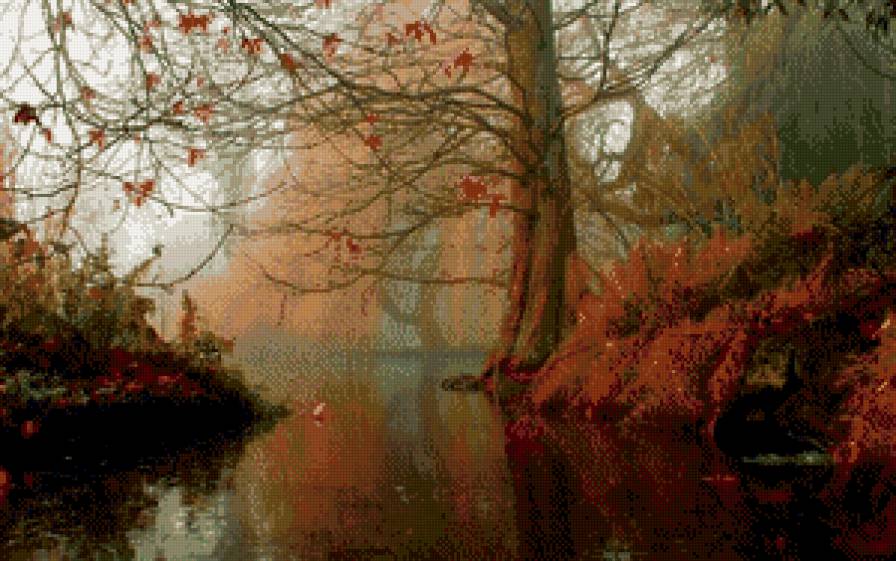 лесная река осенью - лес, живопись, осень, дерево, река, природа - предпросмотр