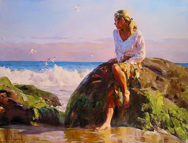девушка у моря - .девушка, море, камни, живопись, красота, природа, женщина - оригинал