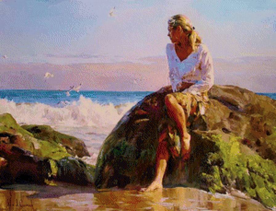 девушка у моря - живопись, женщина, камни, море, красота, .девушка, природа - предпросмотр
