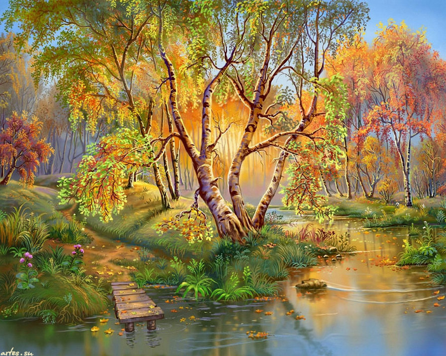 осенний лес - природа, дерево, живопись, золото, лес, осень - оригинал