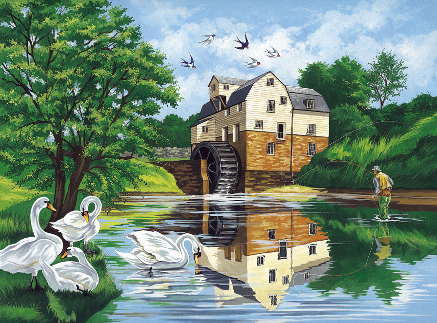 Водяная мельница - лебеди, река, пейзаж, птицы, мельница - оригинал