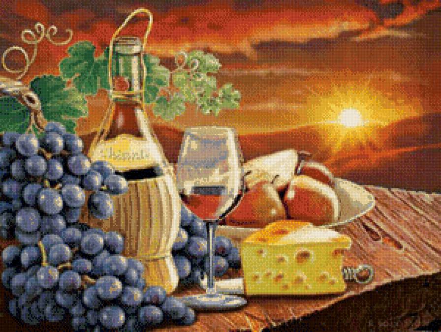Натюрморт - еда, натюрморт, виноград, вино, кухня, фрукты - предпросмотр
