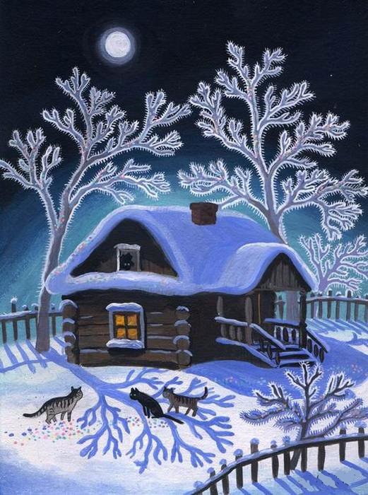 зимний вечер - ночь, дерево, кот, дом, снег, зима - оригинал