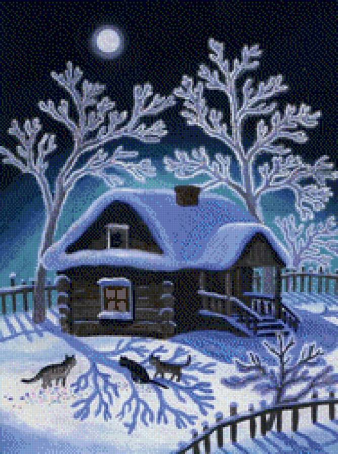 зимний вечер - зима, ночь, снег, дерево, кот, дом - предпросмотр