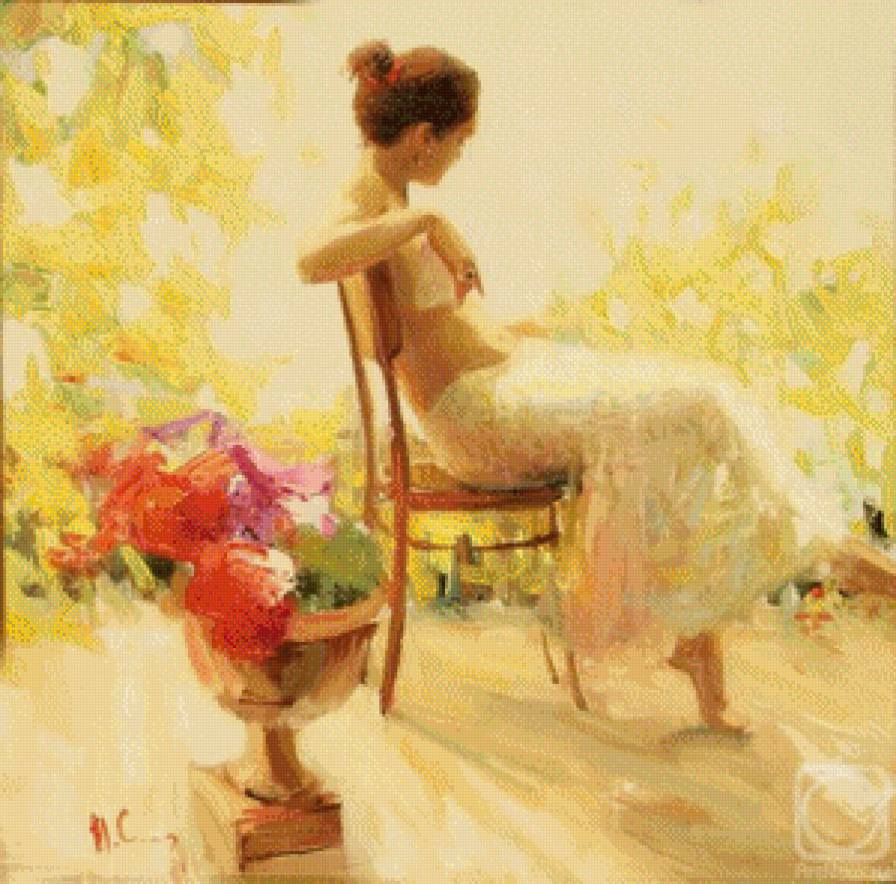 девушка на стуле - живопись, девушка, солнечный день, сад - предпросмотр