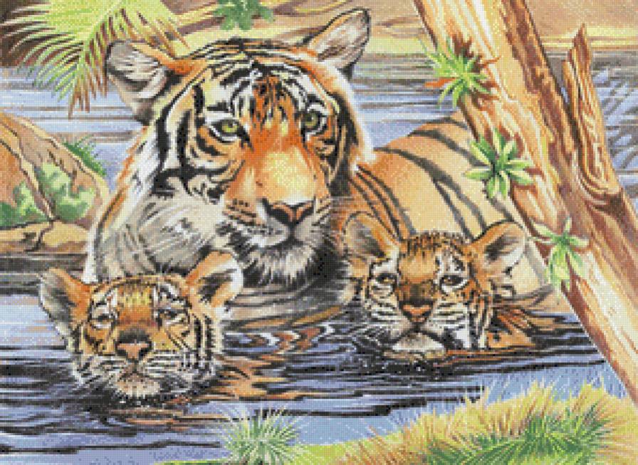 Переправа через реку - азия, восток, животные, тигры - предпросмотр