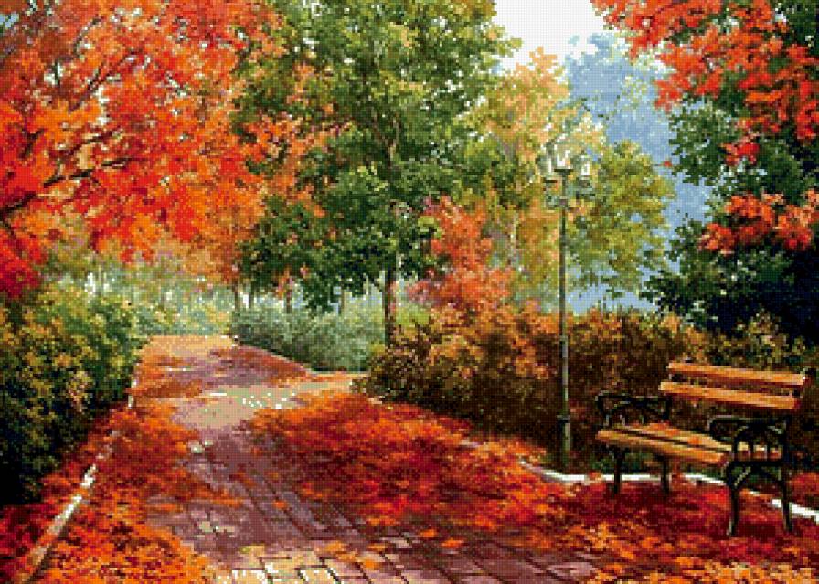 Осенняя аллея - парк, аллея, осень, скамейка, фонари, пейзаж - предпросмотр
