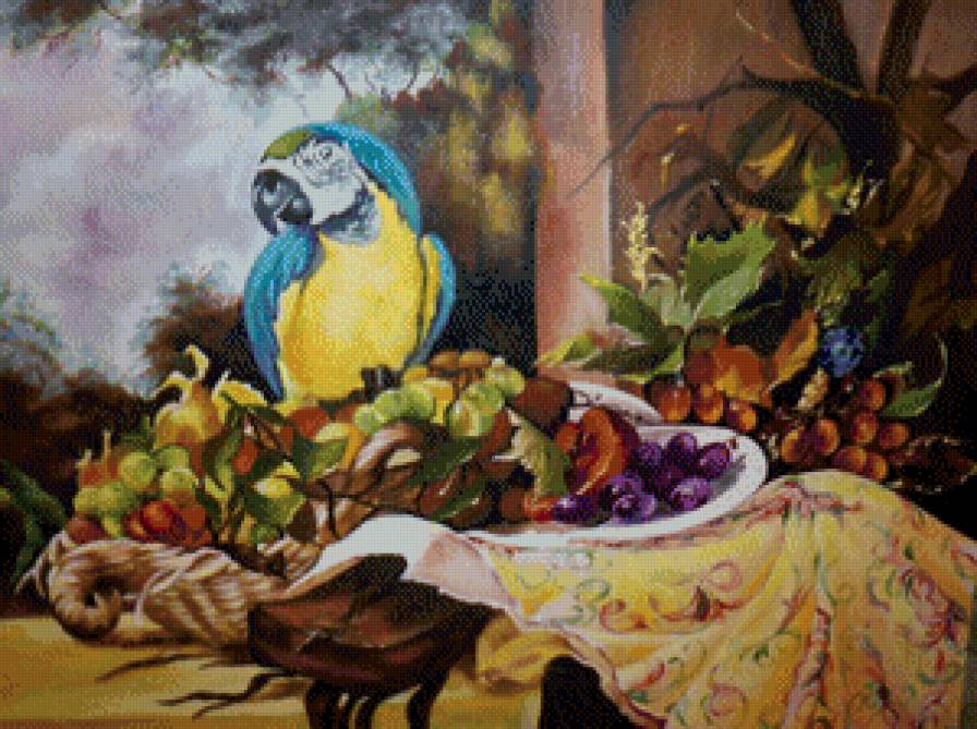 натюрморт с попугаем - фрукты, еда, натюрморт, живопись, кухня, виноград, попугай - предпросмотр