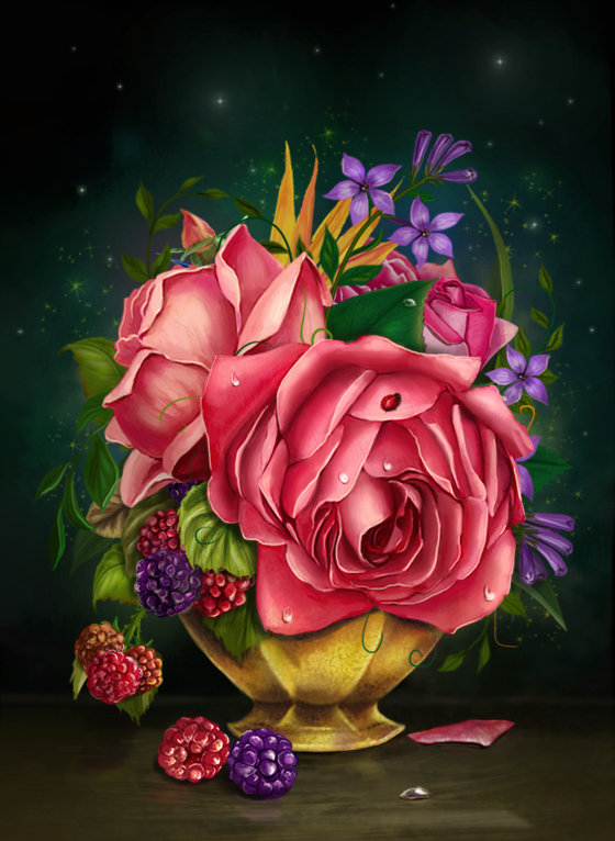 Натюрморт - ягоды, натюрморт, розы, цветы, фрукты - оригинал