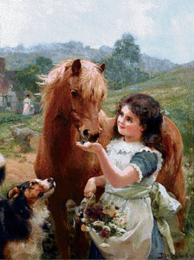друзья - лошадь, собака, друзья, дети, конь, картина, девочка, пейзаж - предпросмотр
