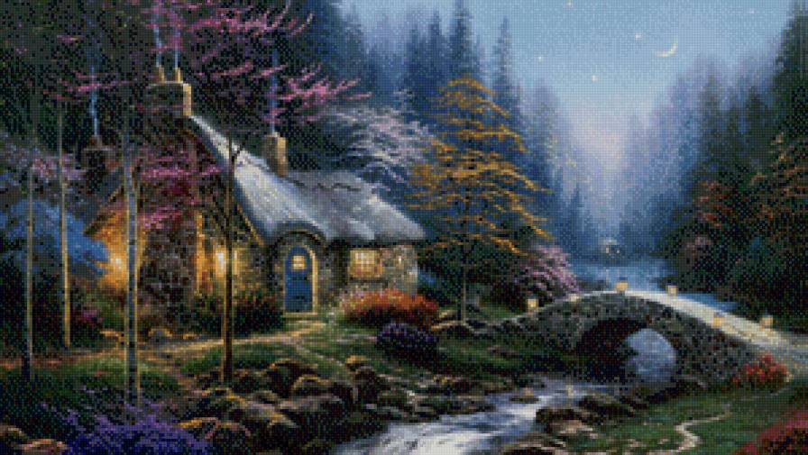 томас кинкейд 2 домик в лесу ночь - ночь, томас кинкейд, река, лес, природа, картина, домик, пейзаж - предпросмотр