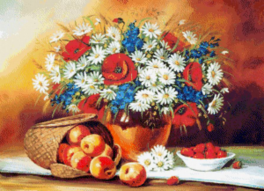 Натюрморт "Цветы и фрукты" - фрукты, васильки, маки, ягоды, букет, яблоки, натюрморт, ромашки - предпросмотр