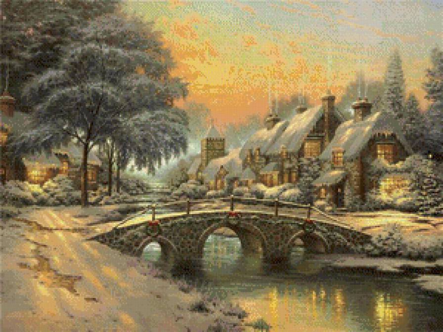 зимняя сказка - пейзаж, , зима, мост, дома, природа - предпросмотр