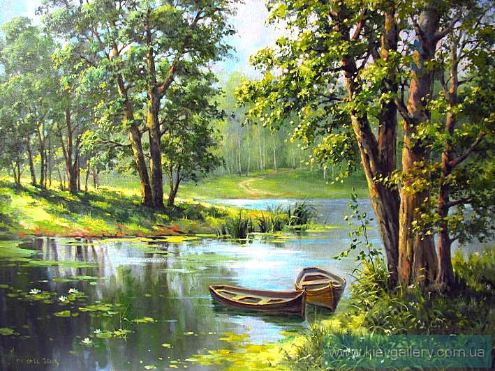 Летний полдень - лето, озеро, река, пейзаж, лодки - оригинал