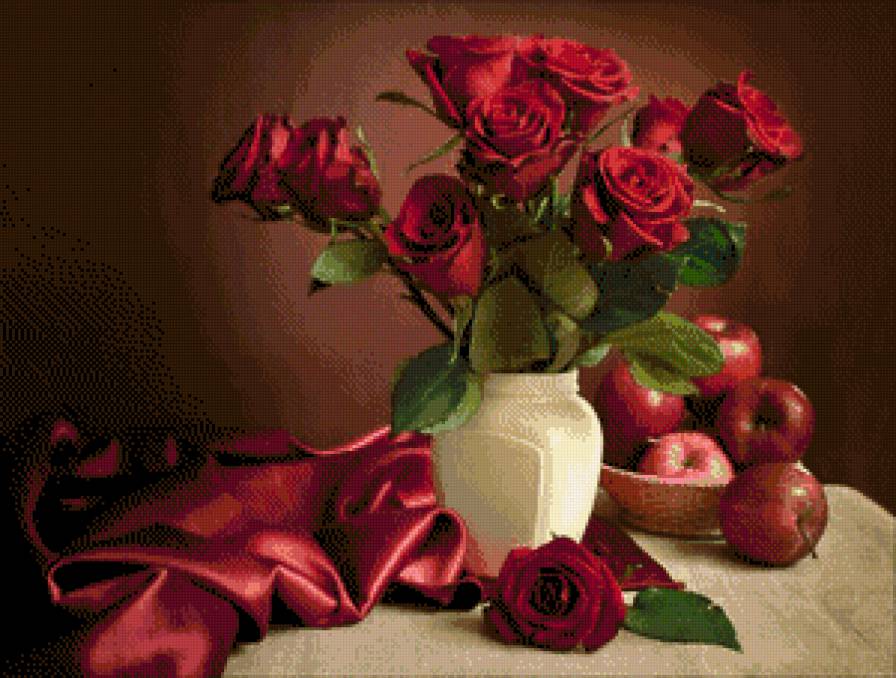 красный натюрморт - цветы, натюрморт, розы, красный натюрморт, яблоки, красные розы - предпросмотр