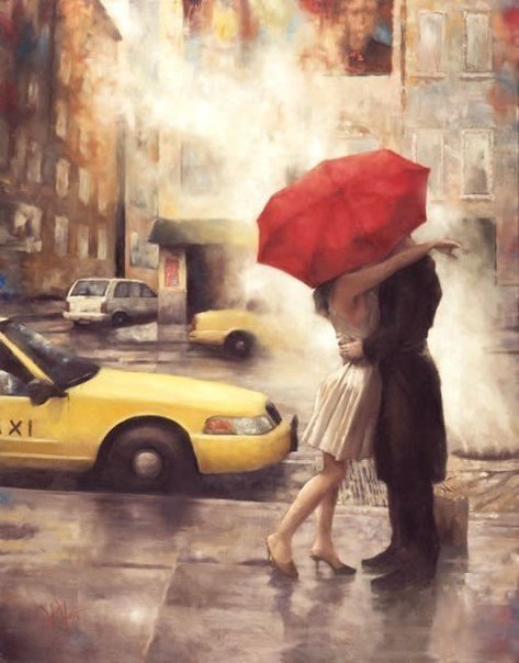 поцелуй под дождём - живопись, люди, дождь, поцелуй, город, зонт - оригинал