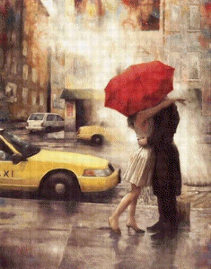 поцелуй под дождём - люди, зонт, поцелуй, город, живопись, дождь - предпросмотр