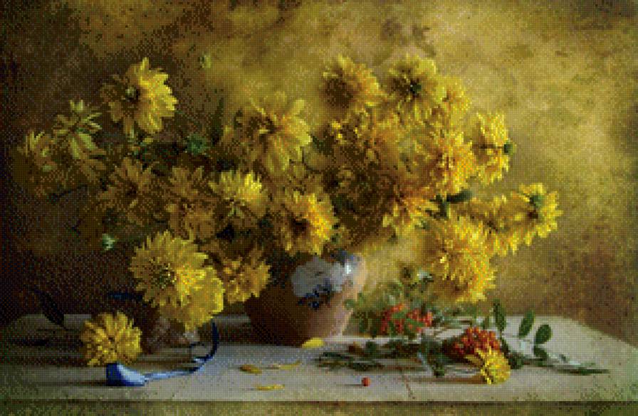 жёлтые хризантемы - цветы, натюрморт, букет, хризантема, живопись - предпросмотр