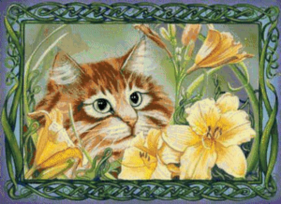 кошачий портрет - цветы, котики, портрет - предпросмотр