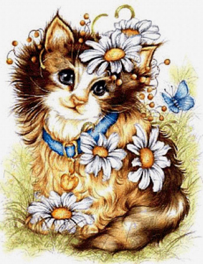 Милый котёнок - животные, цветы, ромашки, кошки, котята - предпросмотр