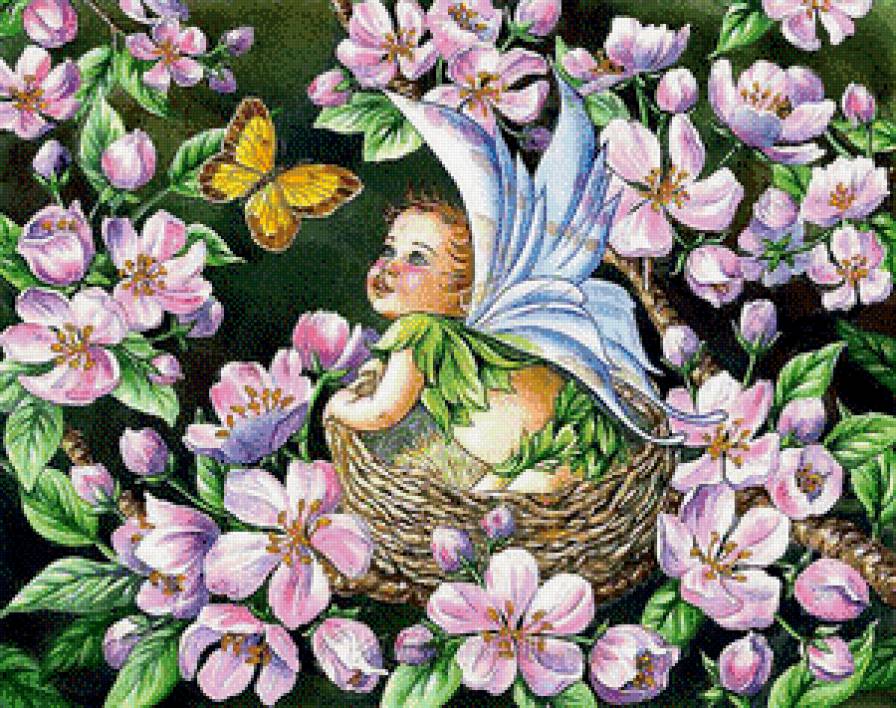 Рождение ангела - дитя, ребенок, бабочка, ангел, цветы - предпросмотр