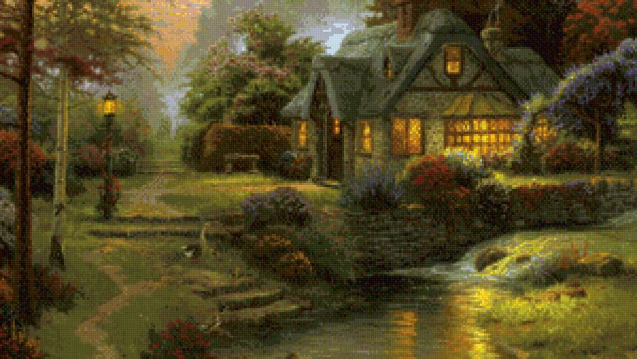 томас кинкейд 1 домик в лесу - река, лес, ночь, томас кинкейд, картина, пейзаж, природа, домик - предпросмотр