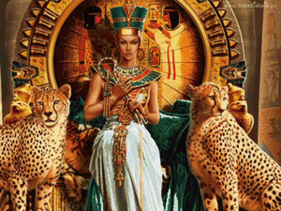 Нефертити - леопарды, египет, животные, фэнтези, девушка, восток - предпросмотр