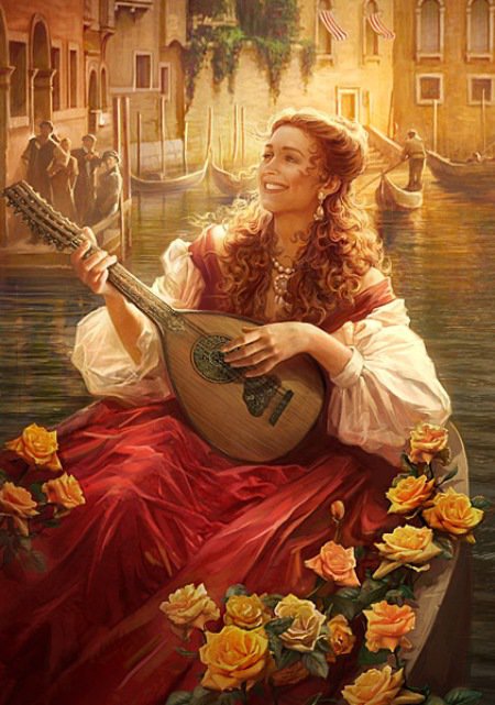 Дама - лодка, дама, цветы, вода - оригинал
