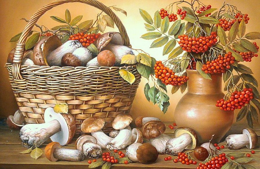Осенний натюрморт - ягоды, ягодки, корзина, грибочки, грибы, рябина, лето, натюрморт - оригинал