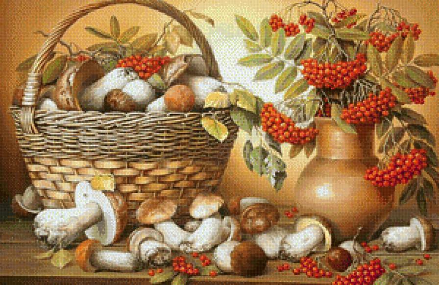 Осенний натюрморт - корзина, грибочки, грибы, натюрморт, лето, ягоды, рябина, ягодки - предпросмотр