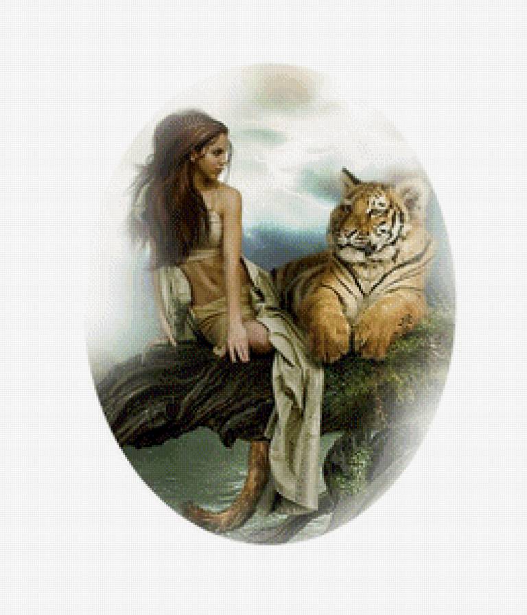 Девушка с тигром - фэнтези, тигр, девушка, животные - предпросмотр