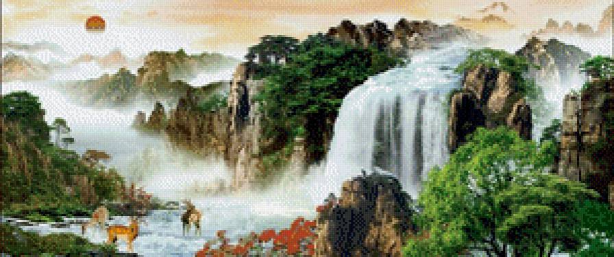 пейзаж олени у воды - олени вода водопад пейзаж - предпросмотр
