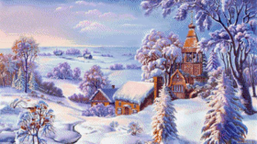 зима - церковь, снег, домики, зима - предпросмотр