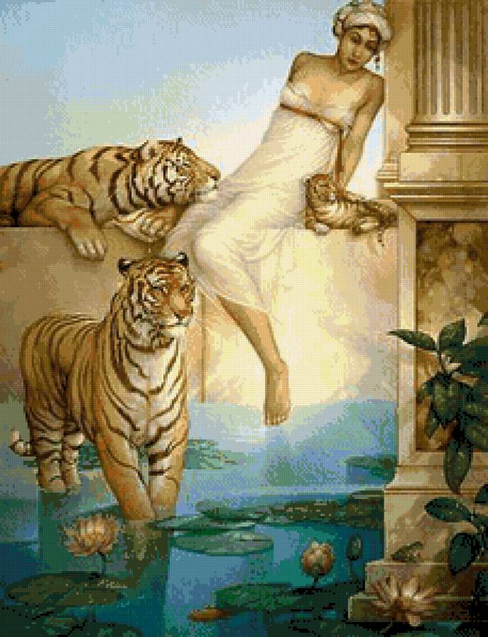 тигрица среди тигров - тигры, купание, девушка - предпросмотр