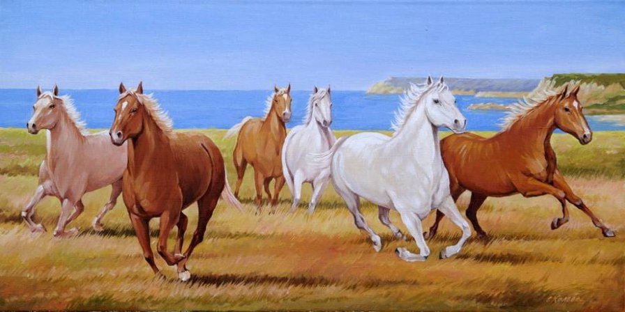 лошади у моря - картина лошади - оригинал