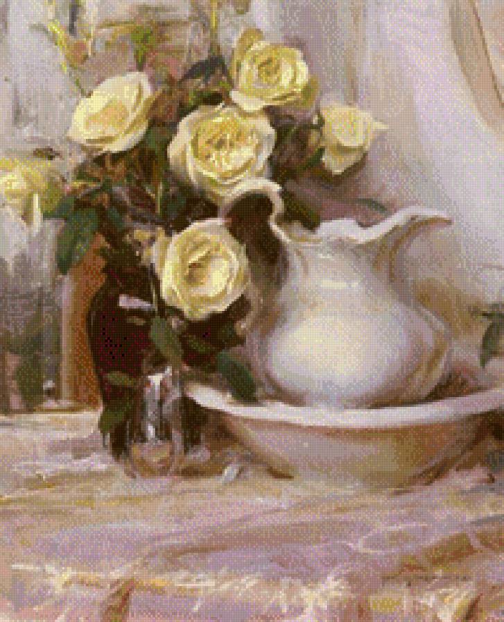 букет белых роз - розы, кувшин, цветы, натюрморт - предпросмотр