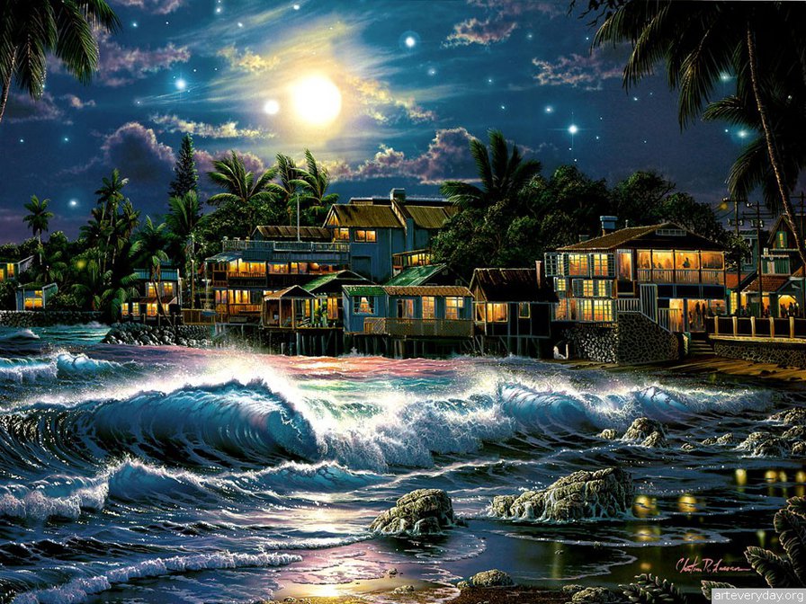 ночное побоережье - дом, море, ночь, вода, луна, берег - оригинал