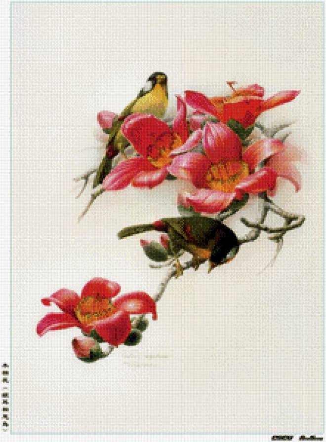 Цветущая ветвь с птицами - цветы, птицы - предпросмотр