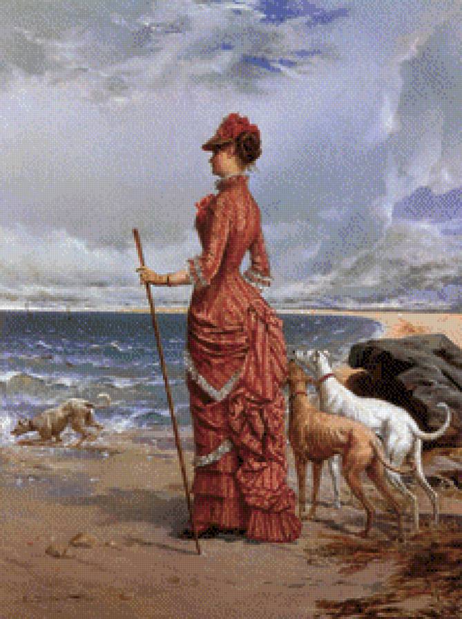 на прогулке - море, дама, прогулка, собаки - предпросмотр