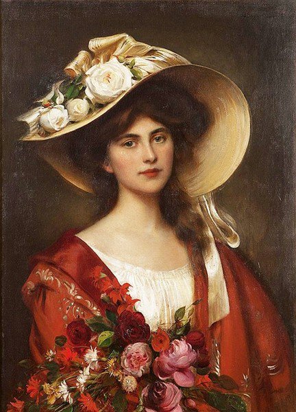 дама в шляпе с цветами - дама, цветы - оригинал