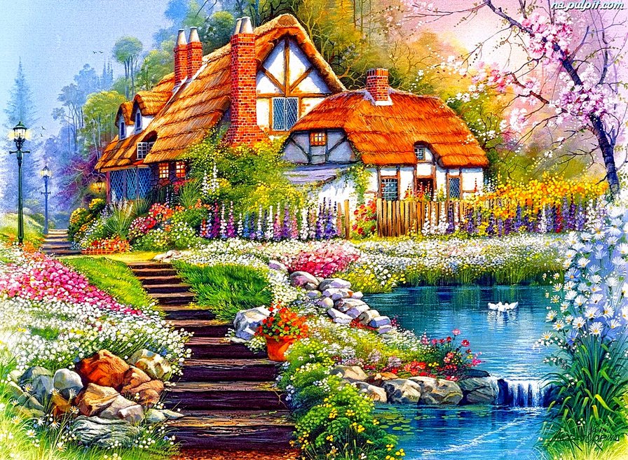 Домик-мечта! - цветы, пейзаж, домик, сад, река - оригинал