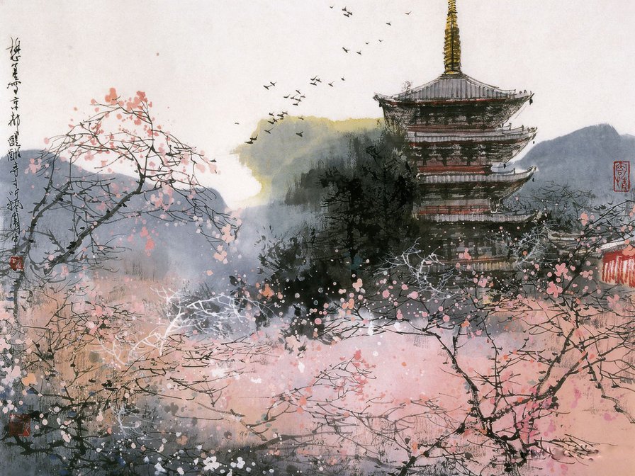 мутная япония - туман, сакура, здание, день, пейзаж, япония - оригинал