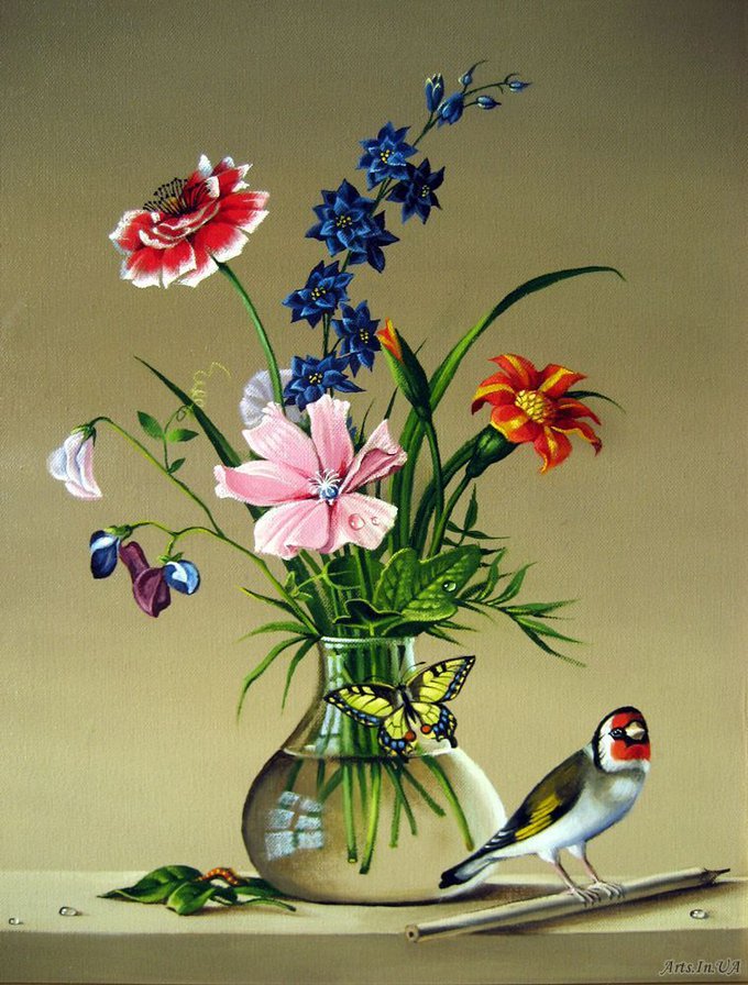 Натюрморт с птичкой - цветы, натюрморт, птицы - оригинал