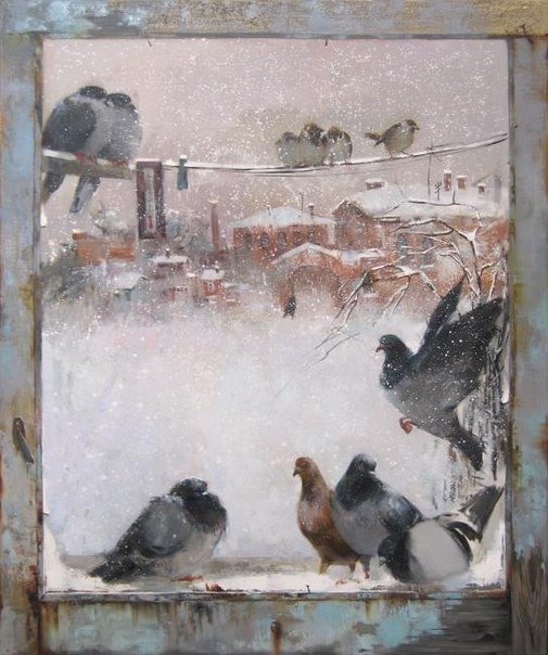 Мария Чепелева - зима, живопись, птицы, голуби - оригинал
